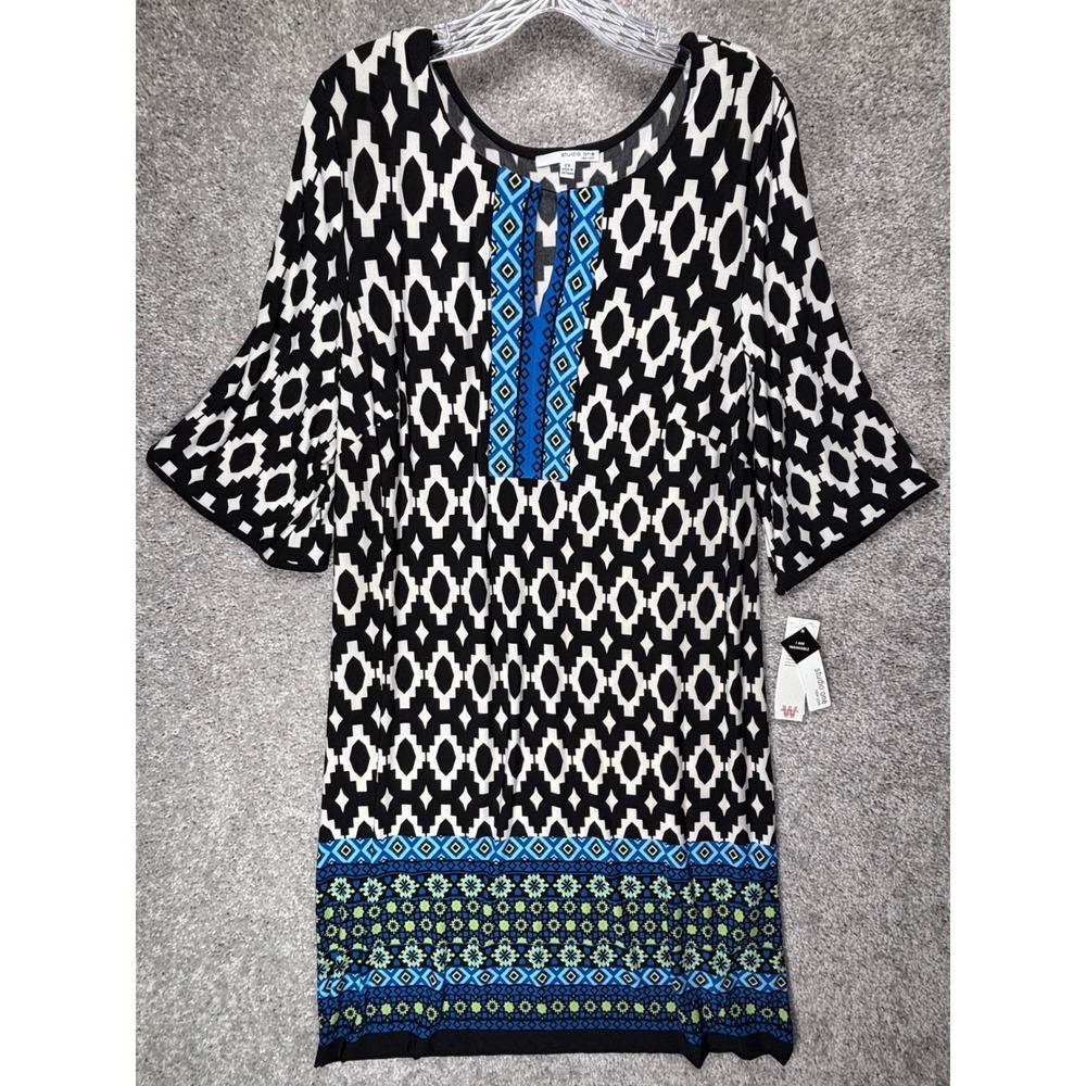Studio One New York Womens 2X Geometric Print‎ Shift Dress Black Blue Teal